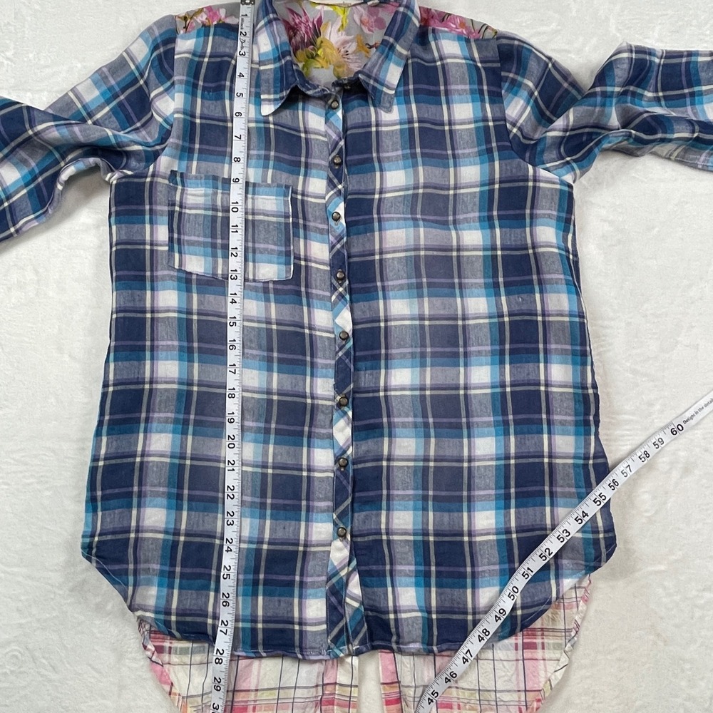 Soft‎ Surroundings Plaid Floral Embroidered Mesh Back Shirt Blue Pink Small Flaw - Picture 13 of 16